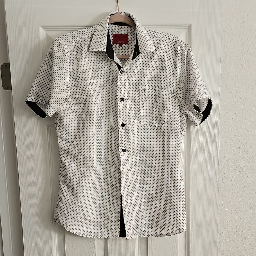 PATRON RED LABEL Casual White and Black Button Down Shirt with Textured Pattern
